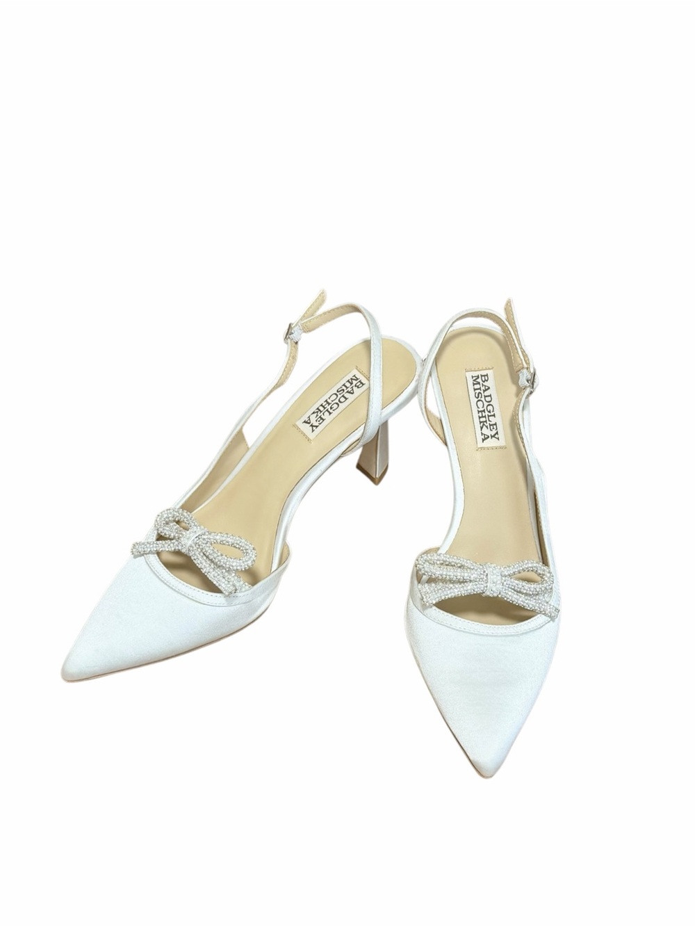 Badgley Mischka "Georgie" White Satin Slingback Rhinestone Bow Heels
